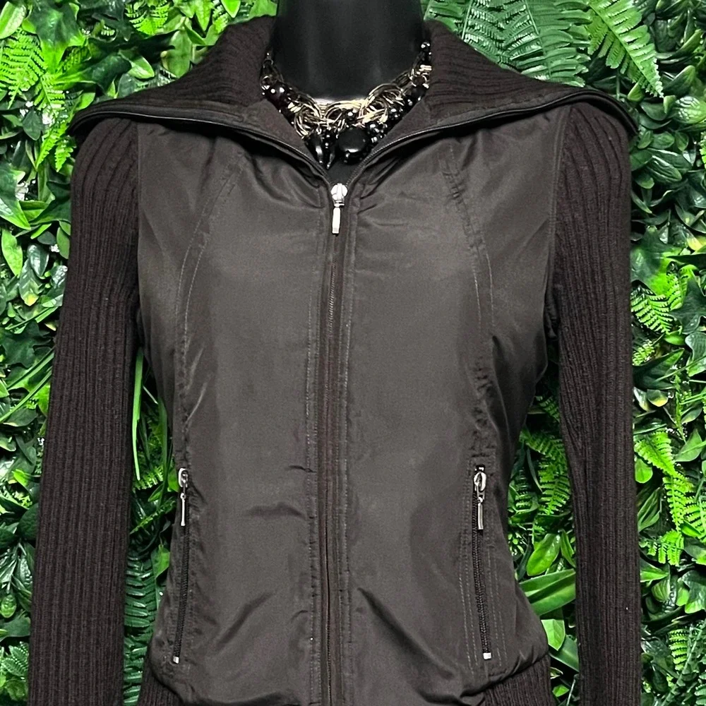 Tahari‎ Jacket Womens XS Dark Brown Wool Ribbed Knit Mixed Media Zip 3598